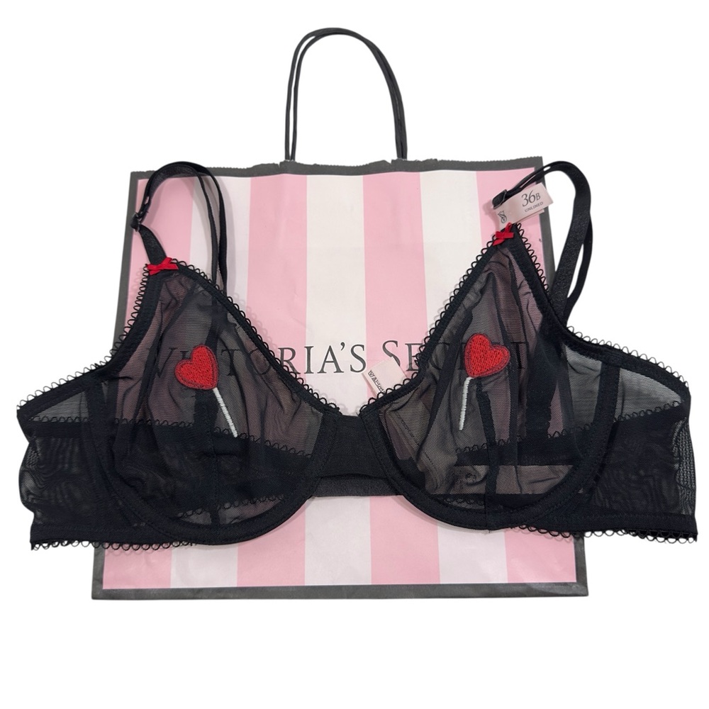 Victoria’s Secret Tease Black Sheer Mesh‎ Heart Embroidery Unlined Demi Bra 36B